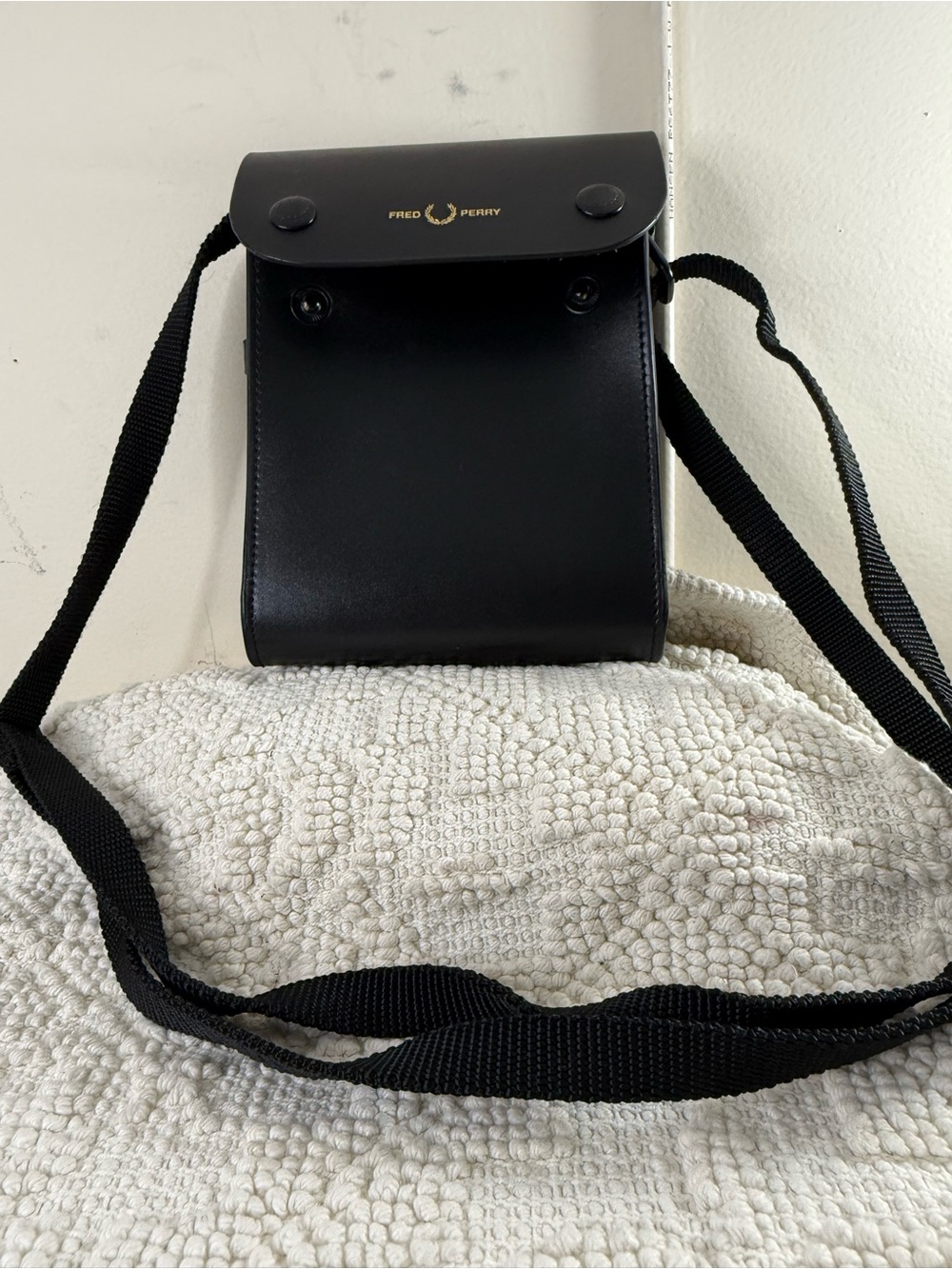 Fred Perry Black Leather Crossbody with Gold Logo